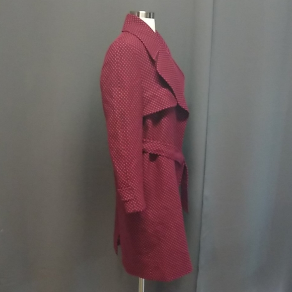 Linda Allard Ellen Tracy 100% Wool Belted Polkadot Burgundy Red Trench Coat 12 - Picture 4 of 11